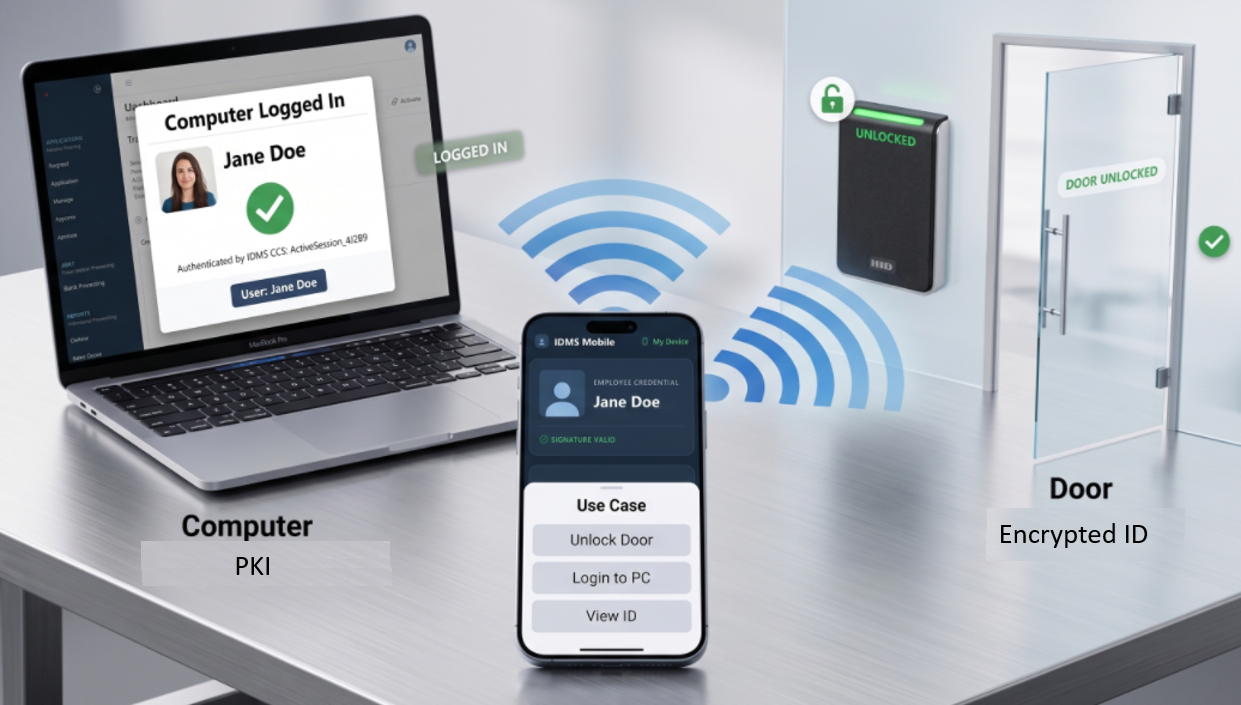 An iPhone running PIV Mobile between a laptop showing Jane Doe logged in and an office door reader showing Unlocked, with signal arcs from the phone to both. Labels: Computer, PKI; Door, Encrypted ID.